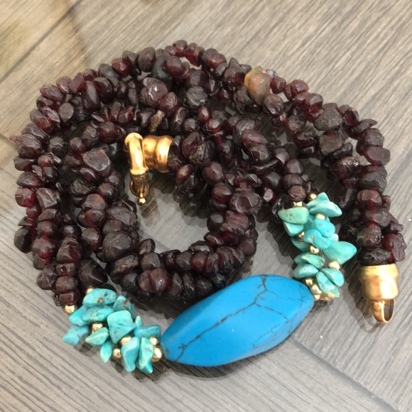 Vintage Rough Cut Garnet, Turquoise and Howelite Necklace - Picture 13 of 14
